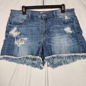 Judy Blue Shorts Womens 2XL 34" Blue Denim Distressed Lace Fringe Cutoff Stretch